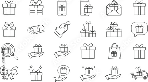 Black and white line icons of gift boxes in various contexts including shopping, delivery, mobile apps, holidays, and celebration-themed digital design elements