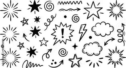 Hand drawn doodle set of stars, arrows, and other decorative elements.