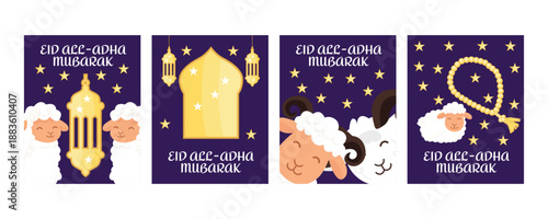 Eid al-Adha Mubarak greeting banner set with cute sheep and goat, lantern, mosque, stars and prayer beads, Islamic holiday illustration