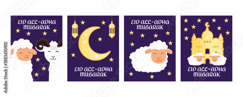 Eid al-Adha Mubarak greeting banner set with cute sheep and goat, crescent moon, lantern, mosque and stars, Islamic festival illustration
