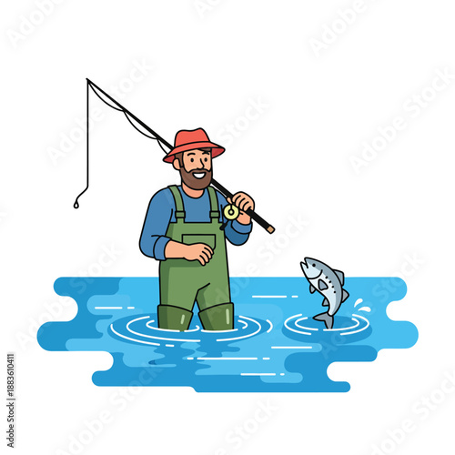 Smiling angler in waders fishing in tranquil water with a leaping fish, outdoor activity illustration.