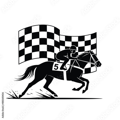Dynamic racehorse and jockey silhouette galloping past checkered flag illustration