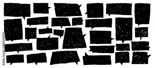Grunge crayon drawn speech bubbles with rough chalk pen textures. Geometric rectangular ink doodle text boxes, squares and rectangles for emphasis. Sketch dialog and chat speech bubble frames.