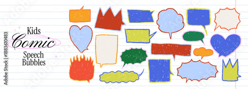 Funky crayon drawn speech bubble set. School doodle text box elements for kids notes. Vector talk balloon elements in heart, fire, crown, oval, rectangle, circle. Chalk empty emphasis silhouettes.