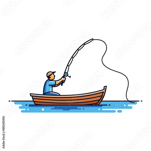 Vector illustration of a person fishing from a boat on calm water, outdoor recreation activity