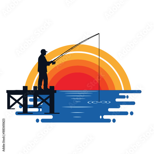 Silhouette of a fisherman casting a line from a wooden pier at tranquil sunset, vector graphic.
