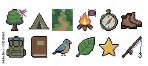 Collection of pixel art icons for outdoor adventure and digital detox, including a tent, campfire, compass, hiking boots, and fishing rod in a classic 8-bit video game style