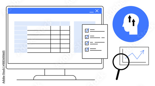 Data management concept. Data visualization with checklist, analytics chart, and workflow organization icons. Data systems enhancing productivity and insights for business, analytics, systems