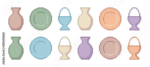 Collection of retro 8-bit tableware sprites featuring pastel colored vases, plates, and egg cups, showcasing a classic video game aesthetic with a simple and clean design