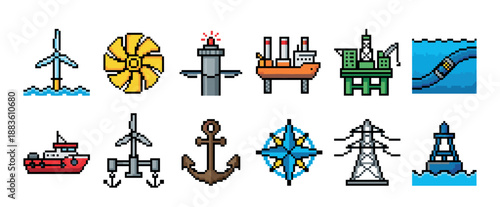 Pixel art icon set of offshore energy and maritime industry symbols including a wind turbine, oil rig, ship, anchor, and compass rose in a retro 8-bit video game style