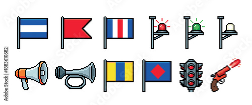 Diverse set of pixel art signal icons featuring various flags, emergency lights, a megaphone, a horn, a traffic light, and a flare gun for communication and warning concepts
