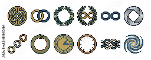 Collection of pixel art symbols representing eternity and cycles, including an Ouroboros, infinity sign, Celtic knot, and Mobius strip in a retro 8-bit video game asset style