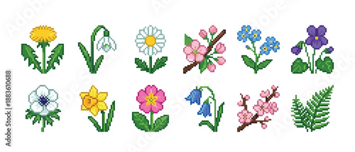 Pixel art collection of colorful spring flowers including dandelion, snowdrop, daisy, and cherry blossom in a retro 8-bit video game style illustration set