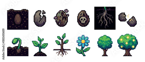 Pixel art plant growth life cycle icons showing stages from seed to fruit tree in a retro 8-bit video game style, with sprout, sapling, flower, and fantasy cursed seed sprites