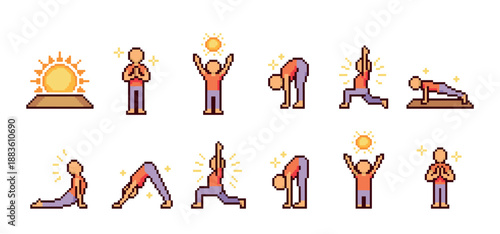 Pixel art icon set of a person performing the Sun Salutation yoga sequence, a collection of asanas for mindfulness and exercise in a charming 8-bit retro video game style