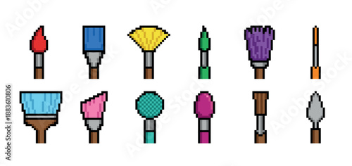 Set of pixel art paint brushes and artistic tools for digital design, featuring various shapes, sizes, and vibrant colors in a retro 8-bit video game style graphic collection