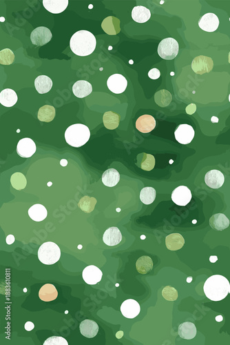 Watercolor green background featuring scattered white and light green polka dots pattern. Watercolor green background with scattered polka dots texture