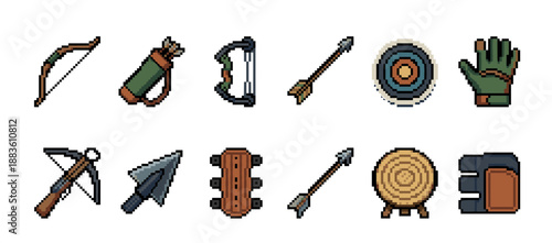 Pixel art archery equipment icon set with a bow, crossbow, arrow, quiver, and target for a retro video game asset collection showing various hunting and combat items