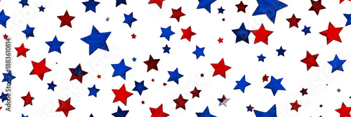 Red and blue stars forming a cheerful, seamless American flag inspired pattern. USA colors star pattern creating a patriotic background