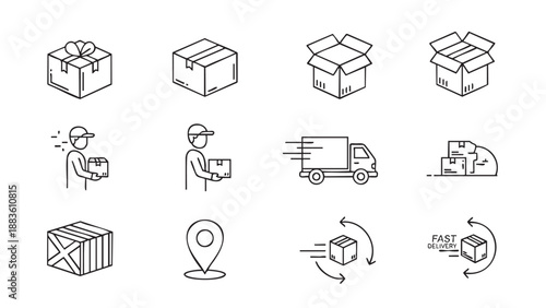 Set of delivery and shipping icons isolated on transparent background