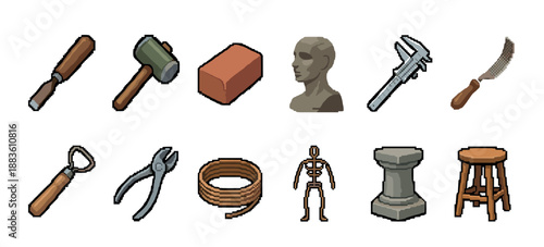 Collection of pixel art sculpting tools and stonemasonry equipment including a chisel, mallet, bust, caliper, and armature in an isometric style