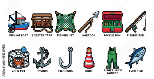 Detailed set of pixel art fishing icons with a retro 8-bit video game aesthetic, featuring a boat, lobster trap, tackle box, fishing rod, anchor, tuna fish, and other marine gear
