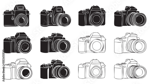 Set of detailed digital camera illustrations in various angles and styles