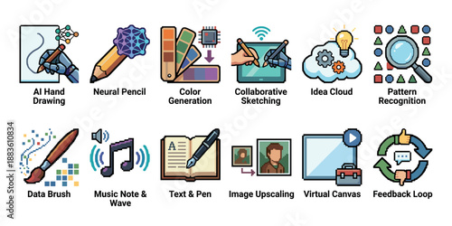 Collection of pixel art icons representing artificial intelligence concepts for creative processes, including neural networks, pattern recognition, and collaborative digital sketching