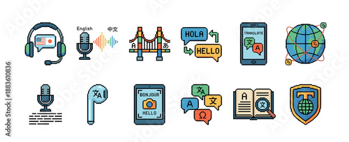 Set of pixel art icons for language translation and global communication featuring a headset, microphone, smartphone, and globe in a colorful retro 8-bit style illustration