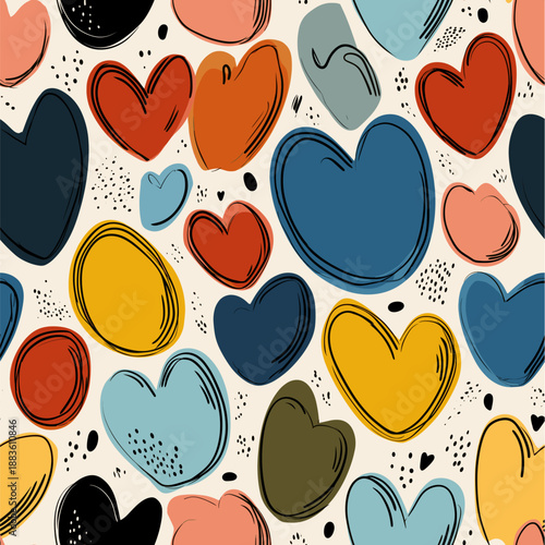 Hearts in a cute retro doodle style creating a vibrant seamless pattern. Seamless heart pattern representing love and romance