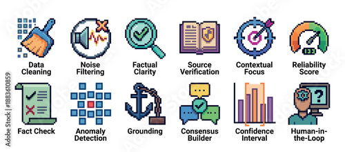 Collection of twelve pixel art icons representing data science and AI concepts like fact-checking, noise filtering, and anomaly detection in a colorful retro 8-bit style