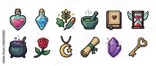 Set of colorful fantasy magic icons featuring a love potion, spellbook, cauldron, crystal, and key, designed as a role-playing game asset collection in a cute cartoon style