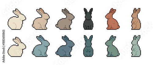 Set of pixel art rabbit characters in a diverse color palette and various poses, designed as a collection of sprites for a retro 8-bit video game or digital art project