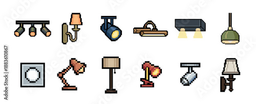 Collection of pixel art lamp icons featuring various lighting fixtures for home and office interior design, including desk lamps, spotlights, sconces, and pendant lights in a retro 8-bit style