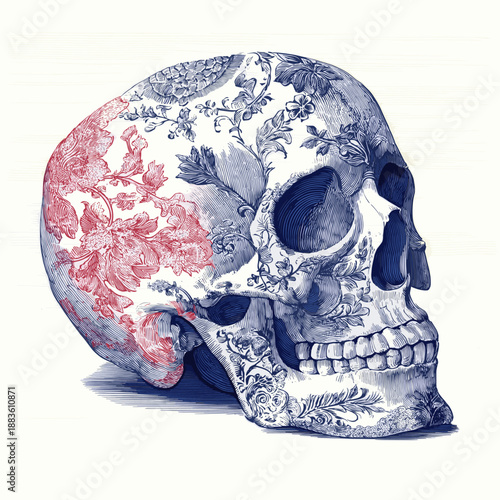 Decorative human skull showing detailed blue and red scrollwork patterns on an off-white background. Ornate skull illustration with intricate blue and red floral patterns