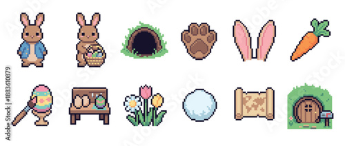 Pixel art Easter bunny icon set with cute characters, decorated eggs, a carrot, and a burrow home in a retro 8-bit video game style for a spring holiday celebration