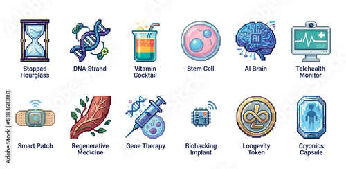 Set of pixel art icons representing longevity, biohacking, and futuristic medicine concepts, including a DNA strand, stem cell, AI brain, cryonics capsule, and gene therapy syringe