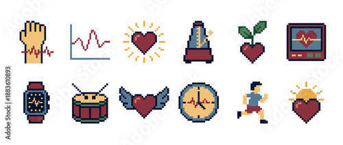 Collection of pixelated icons showing heart rate, rhythm, and fitness concepts like running, EKG, and a smartwatch in a classic 8-bit retro gaming art style