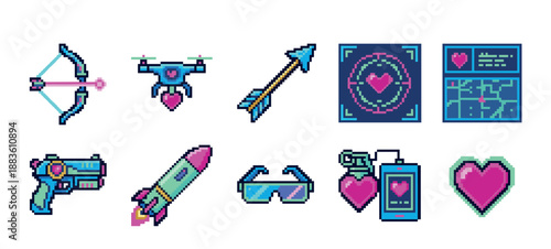 Colorful set of 8-bit pixel art game assets featuring a unique combination of romantic hearts and futuristic items like a drone, rocket, blaster, and bow