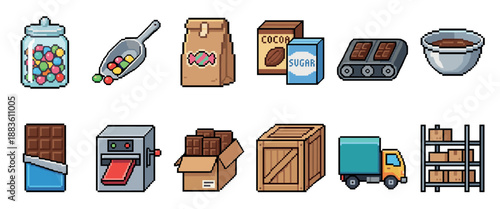 Pixel art icon set of candy and chocolate production shows the entire process from ingredients like cocoa and sugar to factory machinery, packaging, and delivery logistics