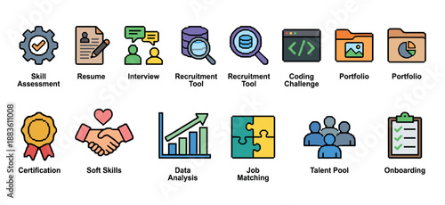 Collection of colorful recruitment and hiring icons representing the employment process with symbols for resume, interview, skill assessment, job matching, and onboarding