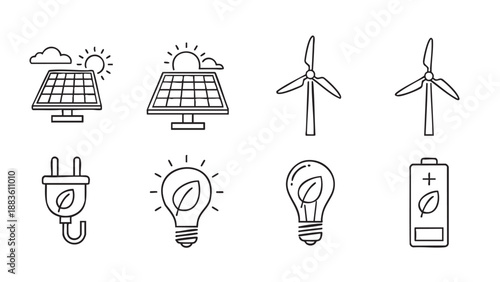 Set of energy and electricity related icons isolated on transparent background