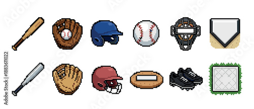 Pixel art baseball and softball equipment icons featuring a bat, ball, glove, helmet, and base in a retro 8-bit video game style collection for sports design elements