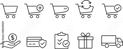 Set of black line icons representing online shopping and delivery process including shopping carts, payment, gift box, checklist, truck, tracking, location pin, and parcel. Minimalist outline icon set