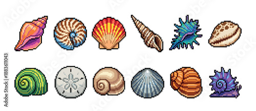 Pixel art seashell and mollusk icons set featuring a variety of colorful and detailed 8-bit marine life specimens for a retro video game asset or digital illustration project