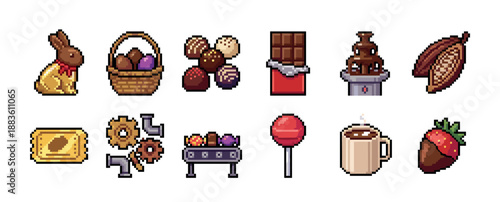 Pixel art chocolate and candy icon set featuring a bunny, eggs, fountain, and factory elements in a retro 8-bit video game style for a sweet confectionery theme