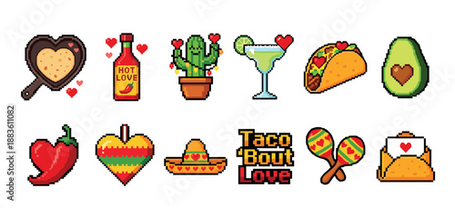 Collection of retro pixel art icons for Valentine's Day featuring a fun food theme with a taco, cactus, avocado, hot sauce, and margarita decorated with hearts