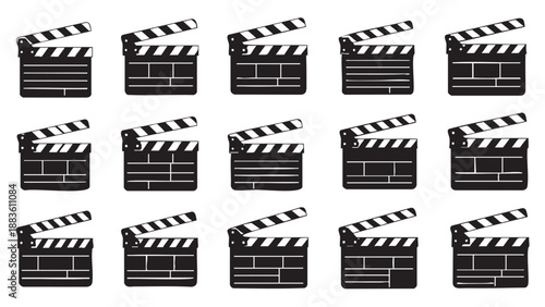 Set of fifteen classic movie clapperboards isolated on transparent background
