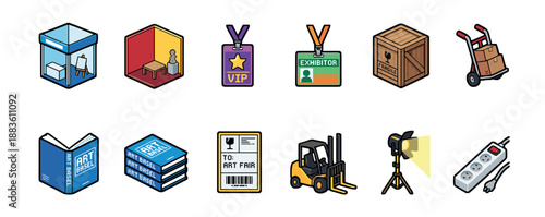 Colorful collection of art fair icons including a booth, crate, forklift, and passes for an exhibition or gallery event, rendered in a clean isometric illustration style