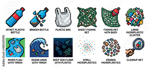 Pixel art icon set showing plastic pollution with various waste items like bottles, bags, fishing nets, and microplastics polluting rivers and oceans in a retro 8-bit style